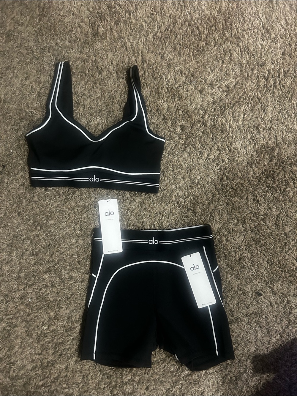 ALO Yoga Black Sports Bra & Bike Short Set with White Piping